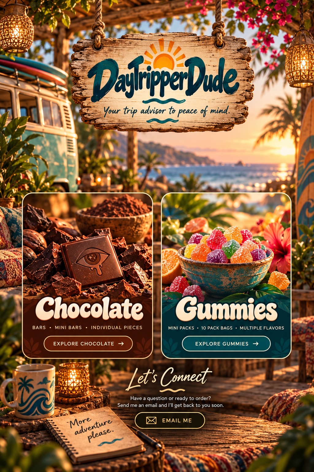 DayTripperDude sunset surf lounge with a hanging wooden brand sign, chocolate and gummies displays, and a cozy seaside contact area