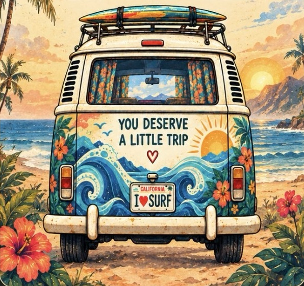 Illustrated DayTripperDude surf van on a tropical beach, with You deserve a little trip artwork