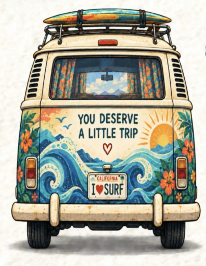 DayTripperDude surf van with You deserve a little trip artwork